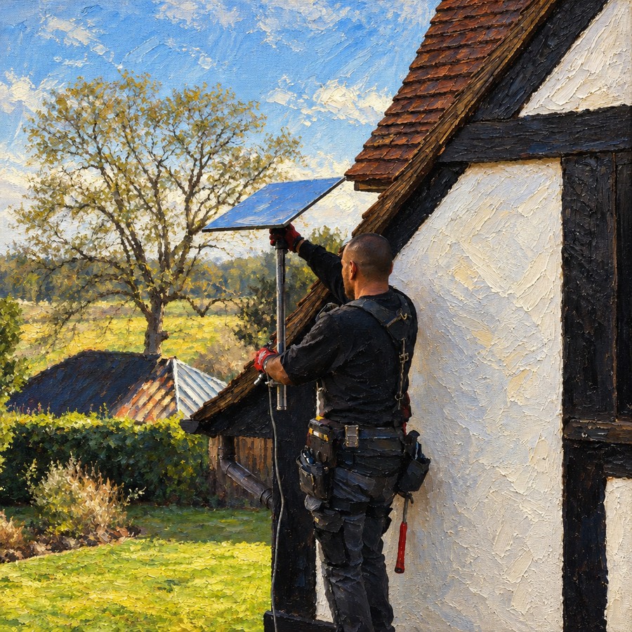 Technician mounting a Starlink dish on a house