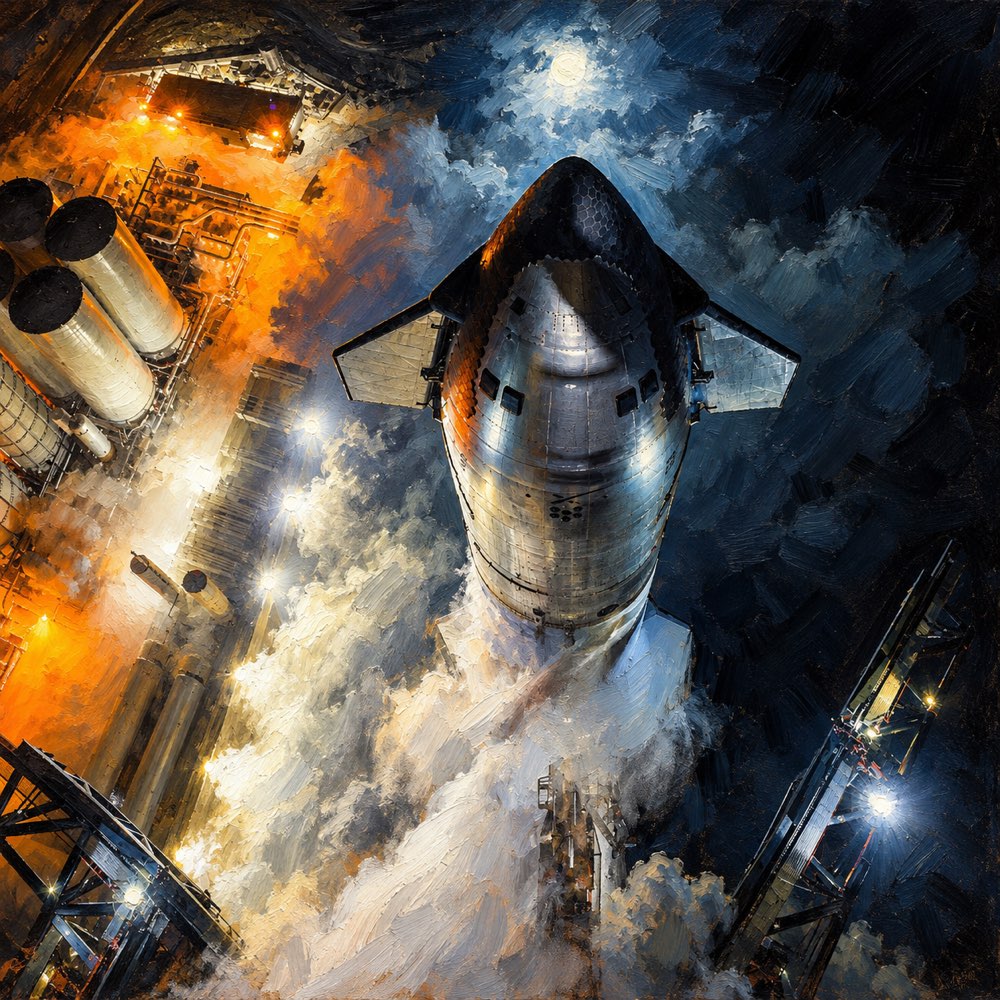 Painting looking down on a Starship rocket lifting off at night through clouds of exhaust