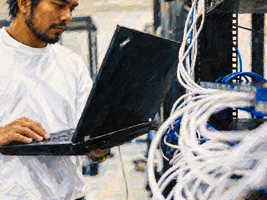 Technician troubleshooting a network rack on a laptop